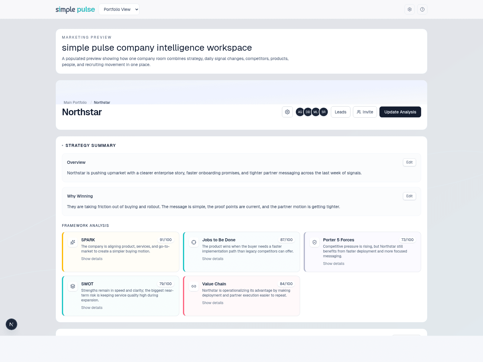 Simple Pulse company intelligence workspace showing strategy, latest news, competitors, products, and recruiting signals.
